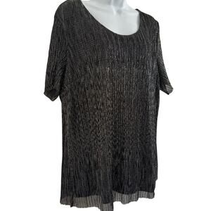 Jaclyn Smith Women's Short Sleeve Black Silver Top Blouse Metallic Shirred Sz 2X